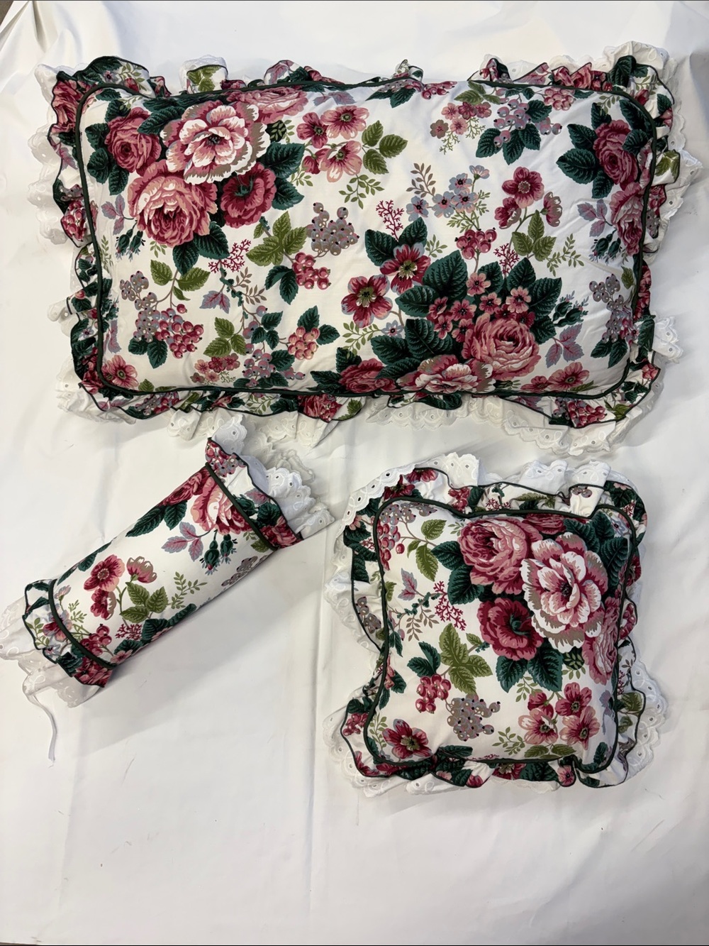 Waverly Floral Ruffle Decorative Pillow Set lot of 3 - Pink and Green